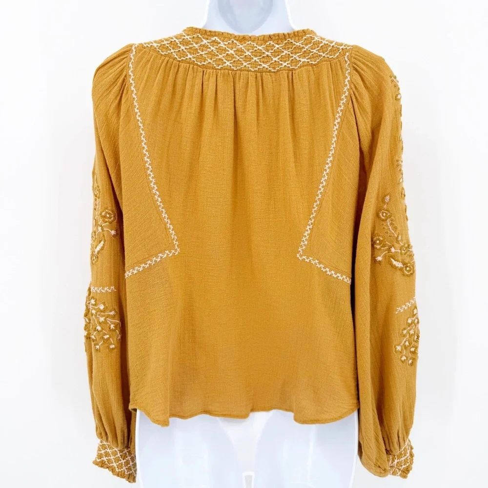 Free People Notting Hill Top Mustard Yellow Embroidered Boho Peasant Top Sz XS